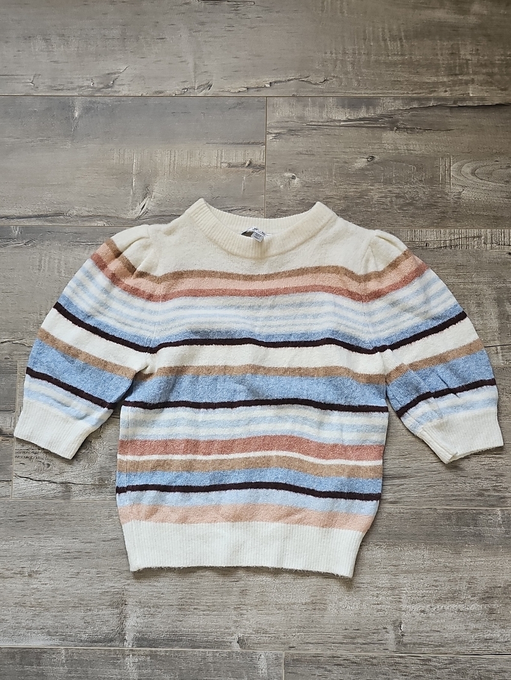 Ever New Cream and Blue Striped Short Sleeve Sweater Size 2 - 10% Wool 7% Alpaca